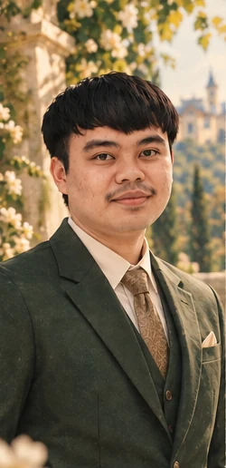 Portrait Ilham dengan setelan emerald di taman botani Mediterania